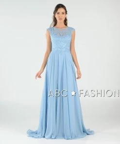 Long Embroidered Cap Sleeve Dress With Slit By Poly USA 8254 Prom