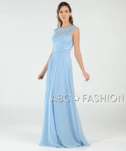 Long Embroidered Cap Sleeve Dress With Slit By Poly USA 8254 Prom