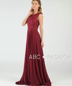 Long Embroidered Cap Sleeve Dress With Slit By Poly USA 8254 Prom