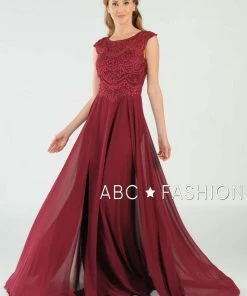 Long Embroidered Cap Sleeve Dress With Slit By Poly USA 8254 Prom