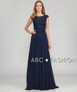 Long Embroidered Cap Sleeve Dress With Slit By Poly USA 8254 Prom