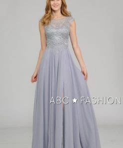 Long Embroidered Cap Sleeve Dress With Slit By Poly USA 8254 Prom