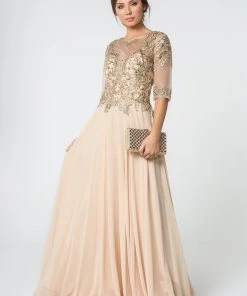 Long Embroidered Dress With Mid-Sleeves By Elizabeth K GL2812
