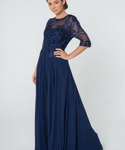 Long Embroidered Dress With Mid-Sleeves By Elizabeth K GL2812