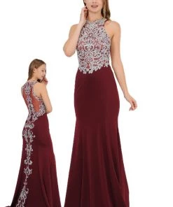 Long Embroidered Dress With Sheer Back By Poly USA 8314 Prom
