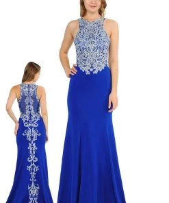 Long Embroidered Dress With Sheer Back By Poly USA 8314 Prom