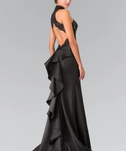 Long Embroidered Illusion Dress With Ruffled Back By Elizabeth K GL2227 Prom