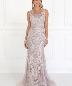 Long Embroidered Mauve Dress By Elizabeth K GL1530