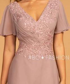 Long Embroidered V-Neck Dress With Short Sleeves By Elizabeth K GL2520