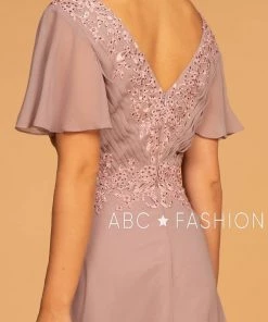 Long Embroidered V-Neck Dress With Short Sleeves By Elizabeth K GL2520