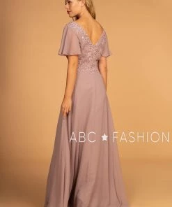 Long Embroidered V-Neck Dress With Short Sleeves By Elizabeth K GL2520