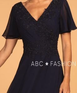 Long Embroidered V-Neck Dress With Short Sleeves By Elizabeth K GL2520