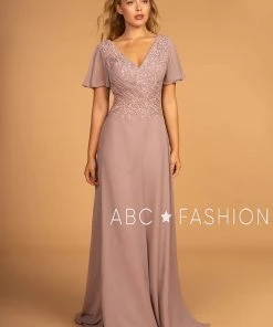 Long Embroidered V-Neck Dress With Short Sleeves By Elizabeth K GL2520