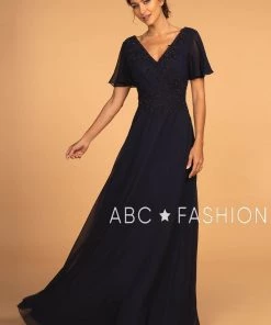 Long Embroidered V-Neck Dress With Short Sleeves By Elizabeth K GL2520