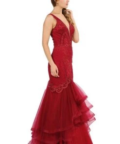 Prom Long Embroidered V-Neck Mermaid Dress By Poly USA 8320