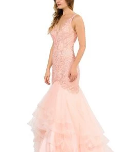 Prom Long Embroidered V-Neck Mermaid Dress By Poly USA 8320