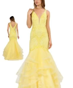 Prom Long Embroidered V-Neck Mermaid Dress By Poly USA 8320