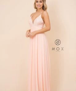 Long Empire Waist Dress With Appliqued Top By Nox Anabel A070 Prom