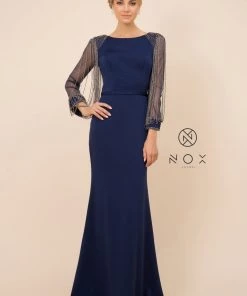 Long Fitted Dress With Beaded Puff Sleeves By Nox Anabel Y410