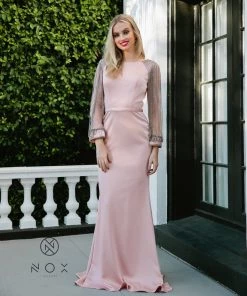 Long Fitted Dress With Beaded Puff Sleeves By Nox Anabel Y410