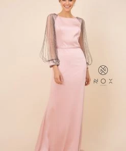 Long Fitted Dress With Beaded Puff Sleeves By Nox Anabel Y410