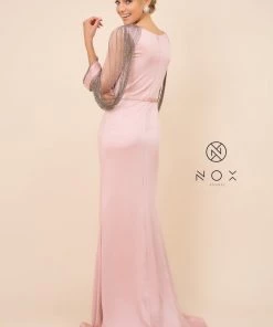Long Fitted Dress With Beaded Puff Sleeves By Nox Anabel Y410