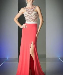 Long Fitted Illusion Dress With Slit By Cinderella Divine CP809 Prom