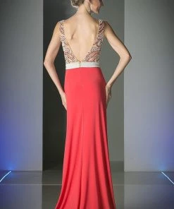 Long Fitted Illusion Dress With Slit By Cinderella Divine CP809 Prom