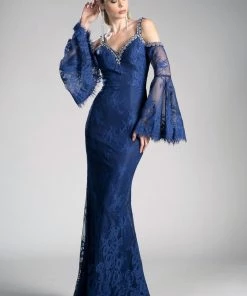 Prom Long Fitted Lace Dress With Bell Sleeves By Cinderella Divine 13112 13 Prom Long Fitted Lace Dress With Bell Sleeves By Cinderella Divine 13112