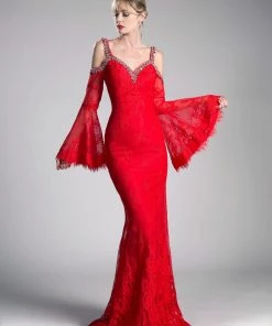 Prom Long Fitted Lace Dress With Bell Sleeves By Cinderella Divine 13112