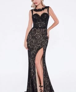 Long Fitted Lace Dress With Slit By Cinderella Divine KD016