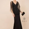 Long Fitted V-Neck Dress With Beaded Cape By Nox Anabel Y531