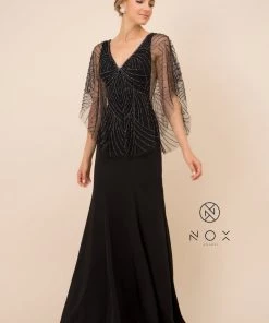 Long Fitted V-Neck Dress With Beaded Cape By Nox Anabel Y531