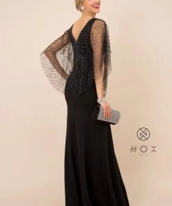 Long Fitted V-Neck Dress With Beaded Cape By Nox Anabel Y531