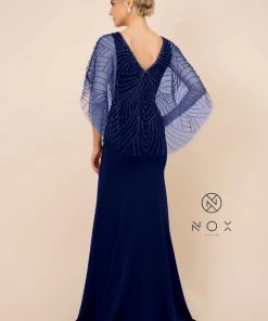 Long Fitted V-Neck Dress With Beaded Cape By Nox Anabel Y531
