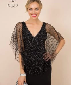 Long Fitted V-Neck Dress With Beaded Cape By Nox Anabel Y531