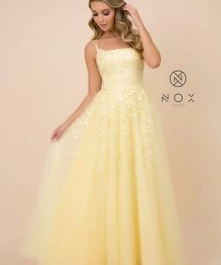 Prom Long Floral Applique Dress With Corset Back By Nox Anabel C415