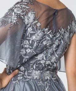 Long Floral Applique Dress With Flutter Sleeves By Elizabeth K GL2830