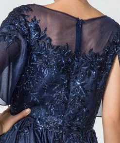 Long Floral Applique Dress With Flutter Sleeves By Elizabeth K GL2830