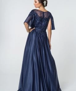 Long Floral Applique Dress With Flutter Sleeves By Elizabeth K GL2830