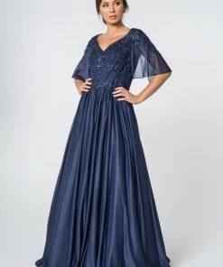 Long Floral Applique Dress With Flutter Sleeves By Elizabeth K GL2830