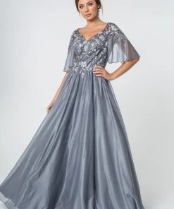 Long Floral Applique Dress With Flutter Sleeves By Elizabeth K GL2830