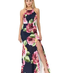 Long Floral Print Maxi Dress With Slit By Lenovia 5181
