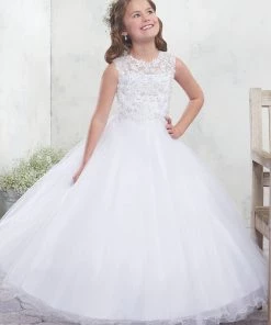 Mary's Bridal Angels Collection Girls Long Tulle Dress With Lace Appliques By Mary's Bridal MB9010 Flower Girl Dresses