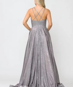 Long Foiled Glitter Dress With Strappy Back By Poly USA 8716