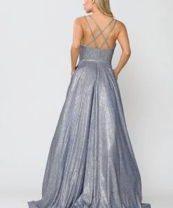 Long Foiled Glitter Dress With Strappy Back By Poly USA 8716