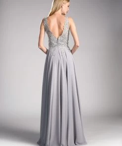 Prom Applique Long V-Neck Dress By Cinderella Divine 9177