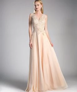 Prom Applique Long V-Neck Dress By Cinderella Divine 9177