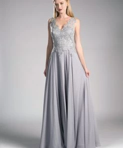 Prom Applique Long V-Neck Dress By Cinderella Divine 9177