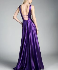 Long Satin V-Neck Dress By Cinderella Divine CF293